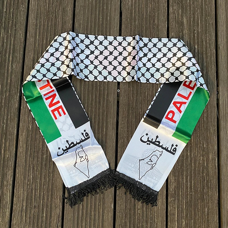 Palestine Flag Scarf – Satin Keffiyeh Print with Fringe | 14×130 cm