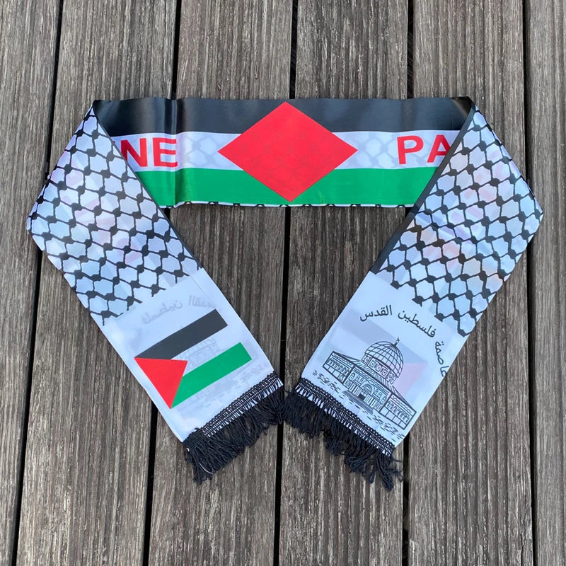 Palestine Flag Scarf – Satin Keffiyeh Print with Fringe | 14×130 cm