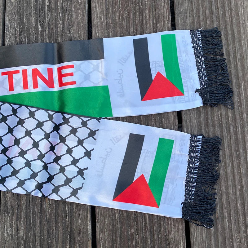 Palestine Flag Scarf – Satin Keffiyeh Print with Fringe | 14×130 cm