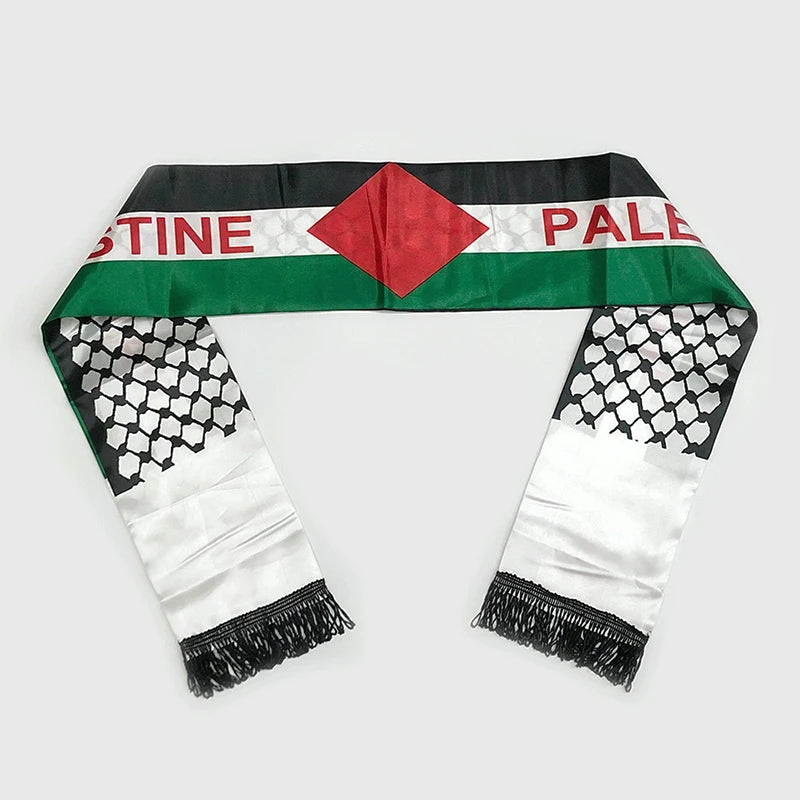 Palestine Flag Scarf – Satin Keffiyeh Print with Fringe | 14×130 cm