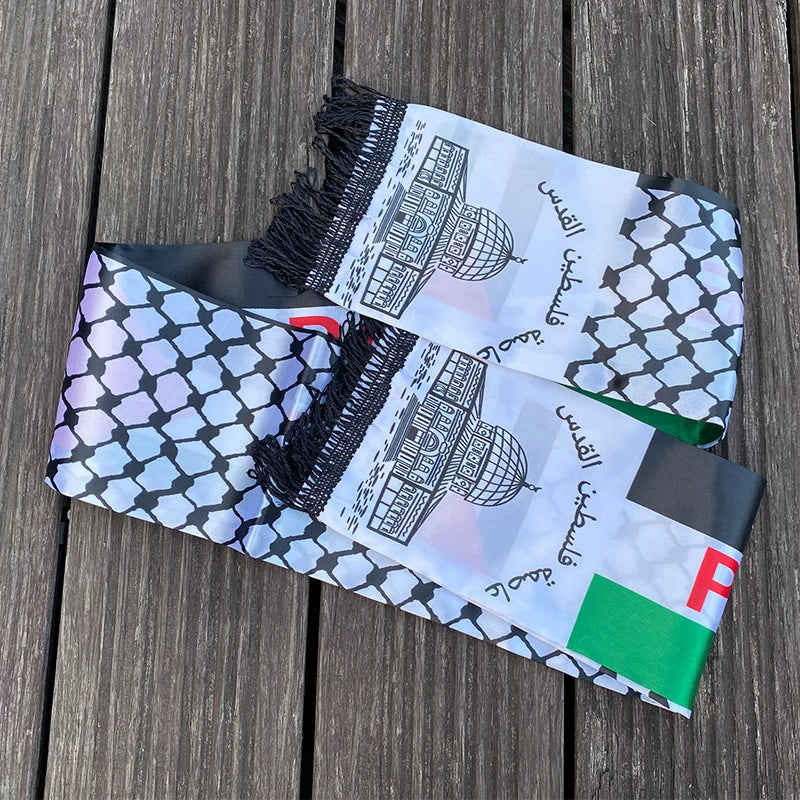 Palestine Flag Scarf – Satin Keffiyeh Print with Fringe | 14×130 cm