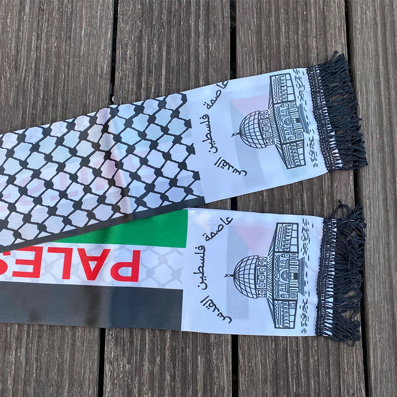 Palestine Flag Scarf – Satin Keffiyeh Print with Fringe | 14×130 cm